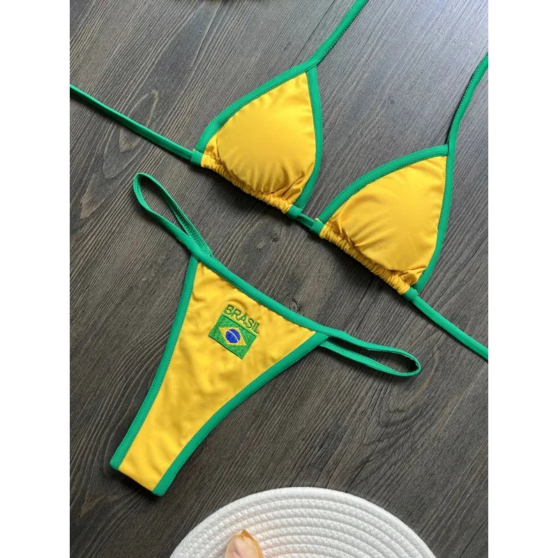 Women's bikini set embroidered with the Brazilian flag